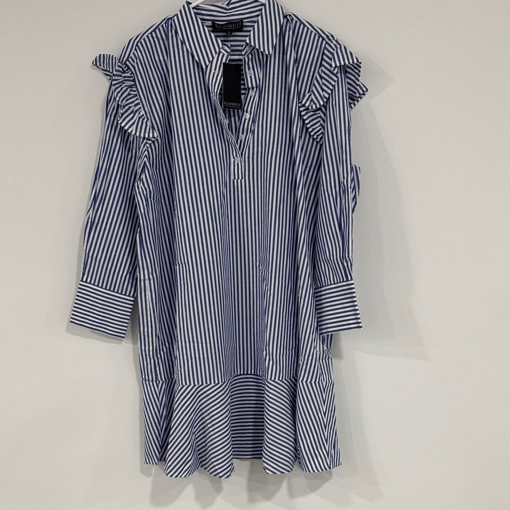 Eloquii Navy and White Striped Long Sleeve Dress